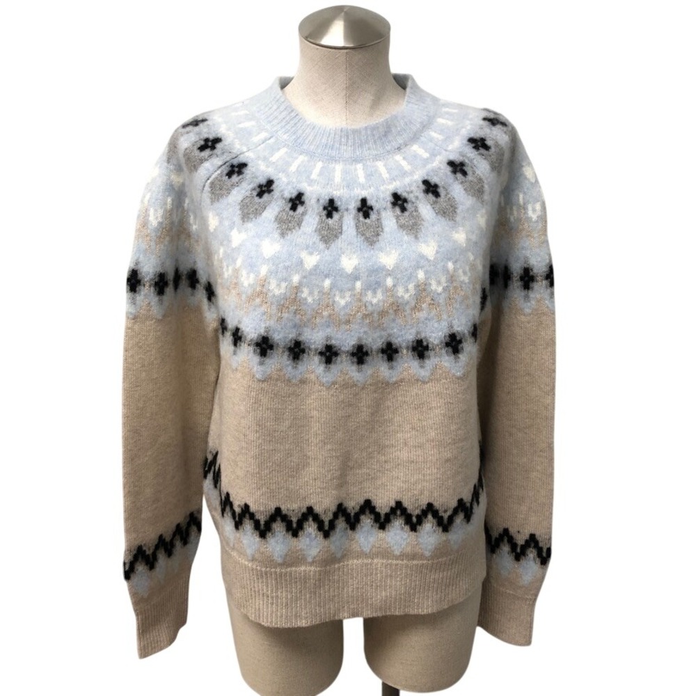 27 Miles Sweater Womens Medium Blue Tan Fair Isle Wool Cashmere Blend Luxury
